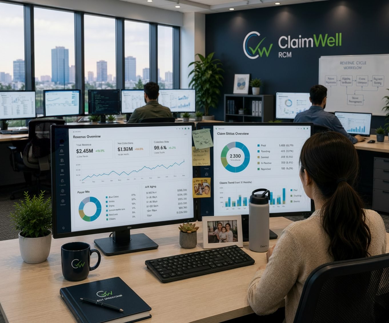 ClaimWell RCM revenue cycle management specialists reviewing billing dashboards
